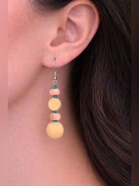 Beige  wood and Blue Dangle Earrings